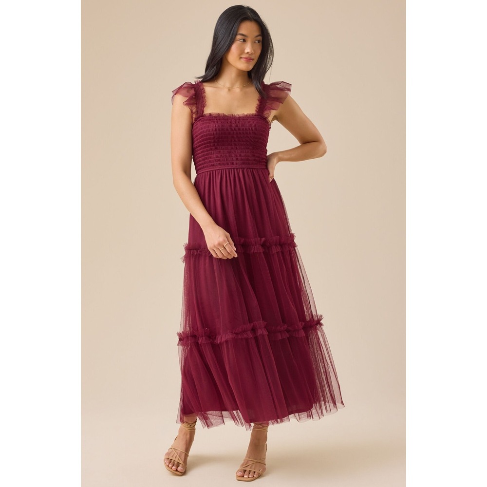 Altard State Tulle Maxi Dress NWT Sz S Maroon Tiered Wedding Guest Formal Event